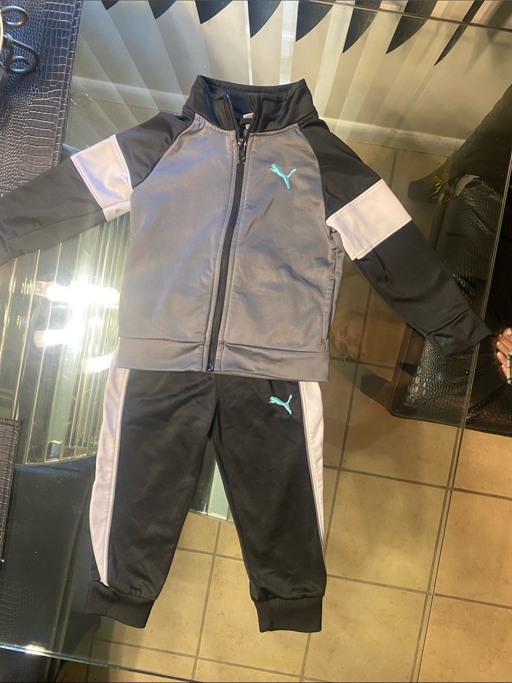 Puma Kids Gray and Black Zip-Front Track Set with Teal Logo
